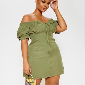 Pretty little things khaki Bardot button front shift dress